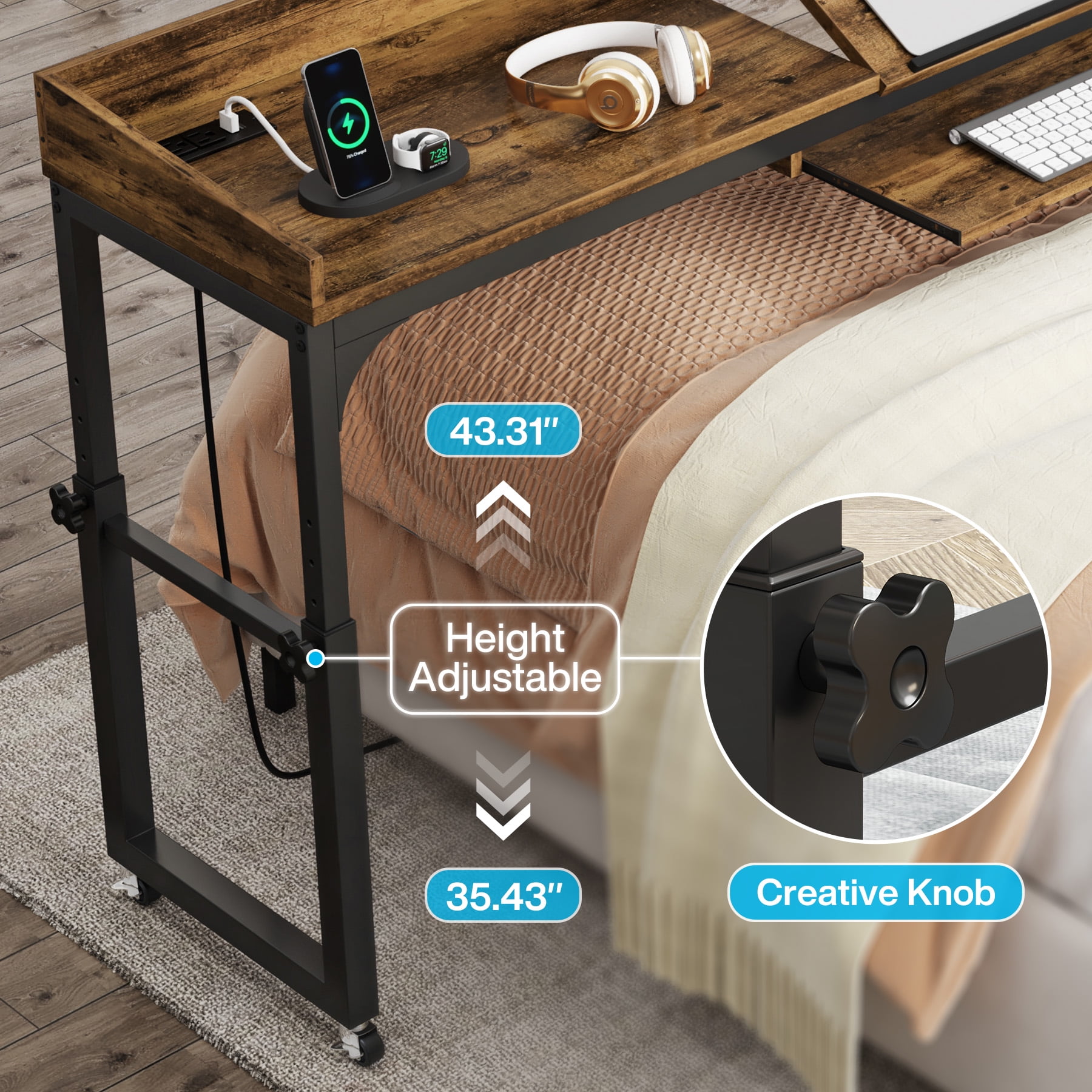 Fnova Overbed Table with Wheels, Height Adjustable Rolling Desk with Power Outlets & USB Ports, Tiltable Stand, for Queen Bed, Laptop Computer, Portable Hospital Home Use