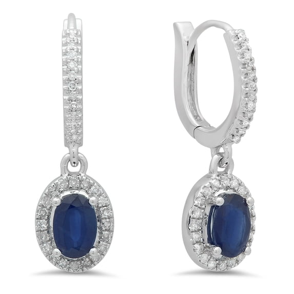 Dazzlingrock Collection 14K Oval Cut Blue Sapphire & Round Cut White Diamond Ladies Dangling Drop Earrings, White Gold