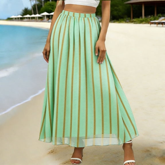 Mifsaly Striped Chiffon Skirts for Women Elastic Waist Long Flowy Summer Skirt Lightweight Casual Vacation Clothes S