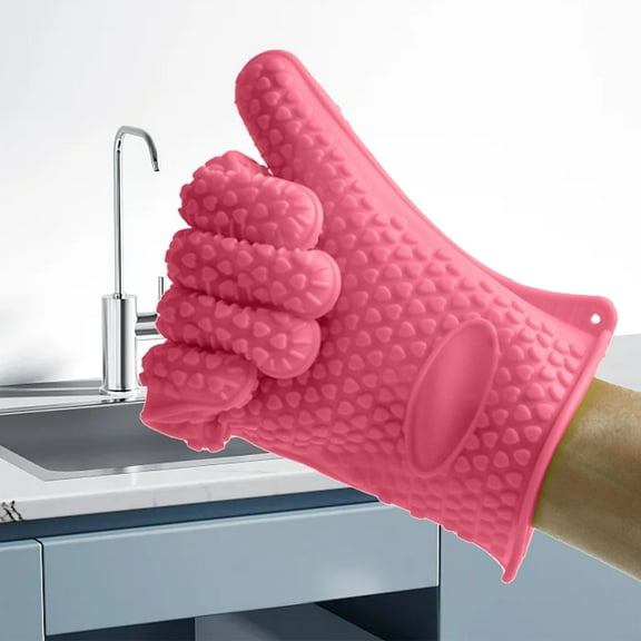 High Temperature Insulated Oven - Silicone Baking Gloves Heart Shaped Design Five Finger Kitchen Gloves for Microwave and Oven Use