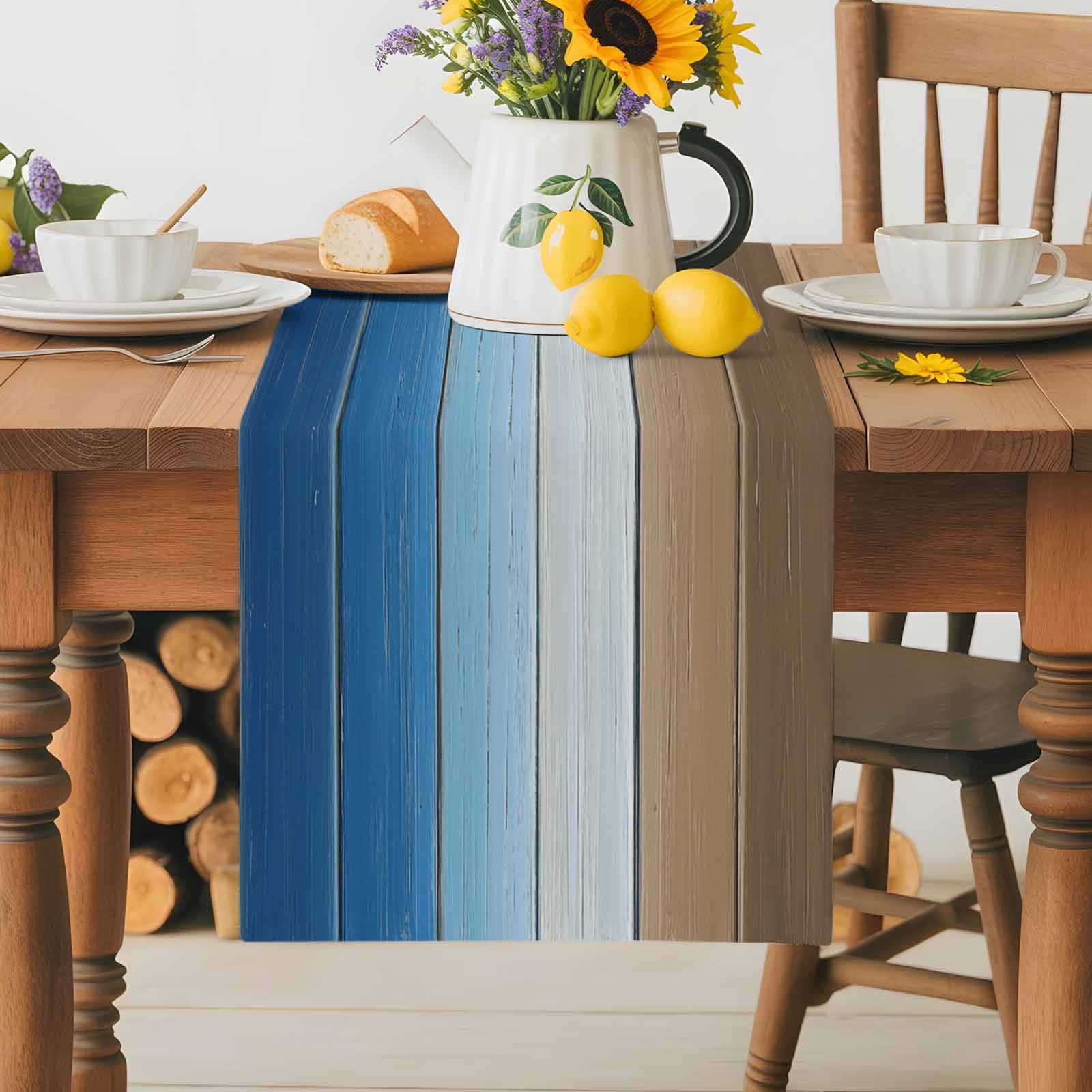 Blue Brown Cotton Linen Table Runner for Dining Kitchen, Gradient Wood Grain Farmhouse Country Wedding Outdoor Party Tablerunners Decoration, Dresser Scarf Coffee Tablecloth Runners 13x48 Inches