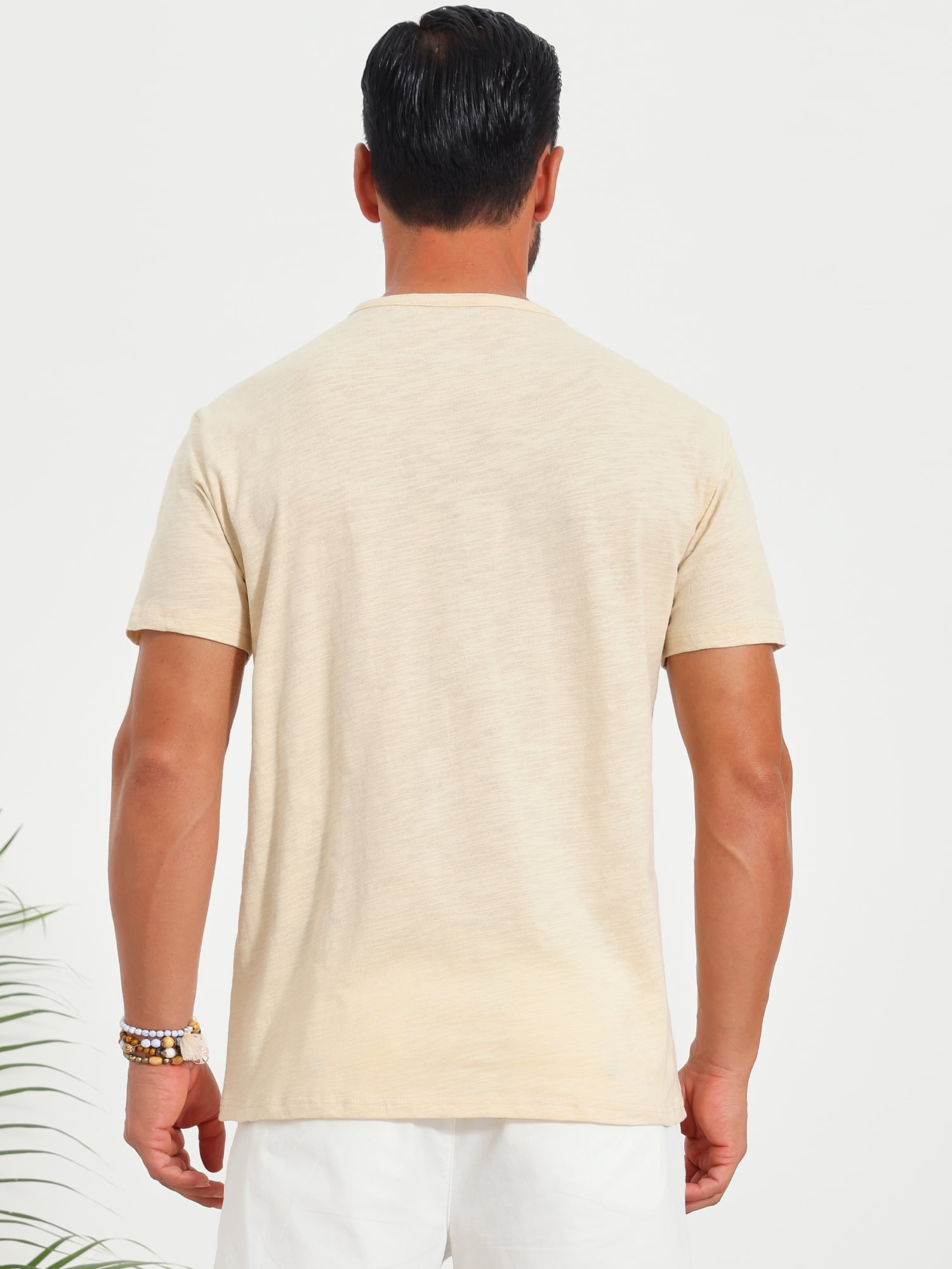 DARING DIVA Men's Retro Henley Texture Button Down Short Sleeve T-Shirt L Beige