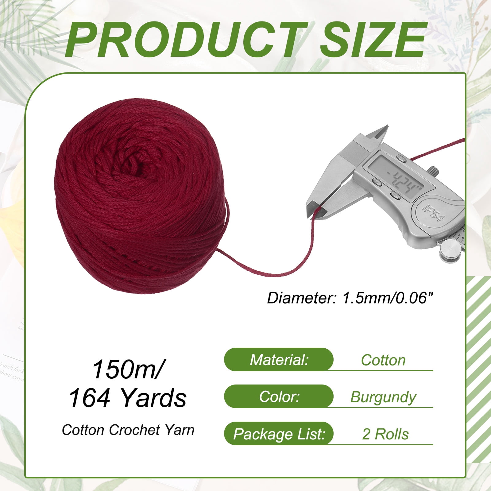 Uxcell 2 Roll Cotton Crochet Yarn, 1.5mm x 164 Yards Macrame Cord Braided Cotton Rope Twine String for Crochet Bag Knitting Crafts Wall Plant Hanging Gift Wrapping, Burgundy