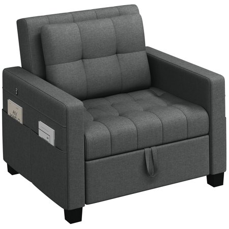Yaheetech 3-in-1 Convertible Sleeper Chair Bed with Adjustable Backrest, Dark Gray