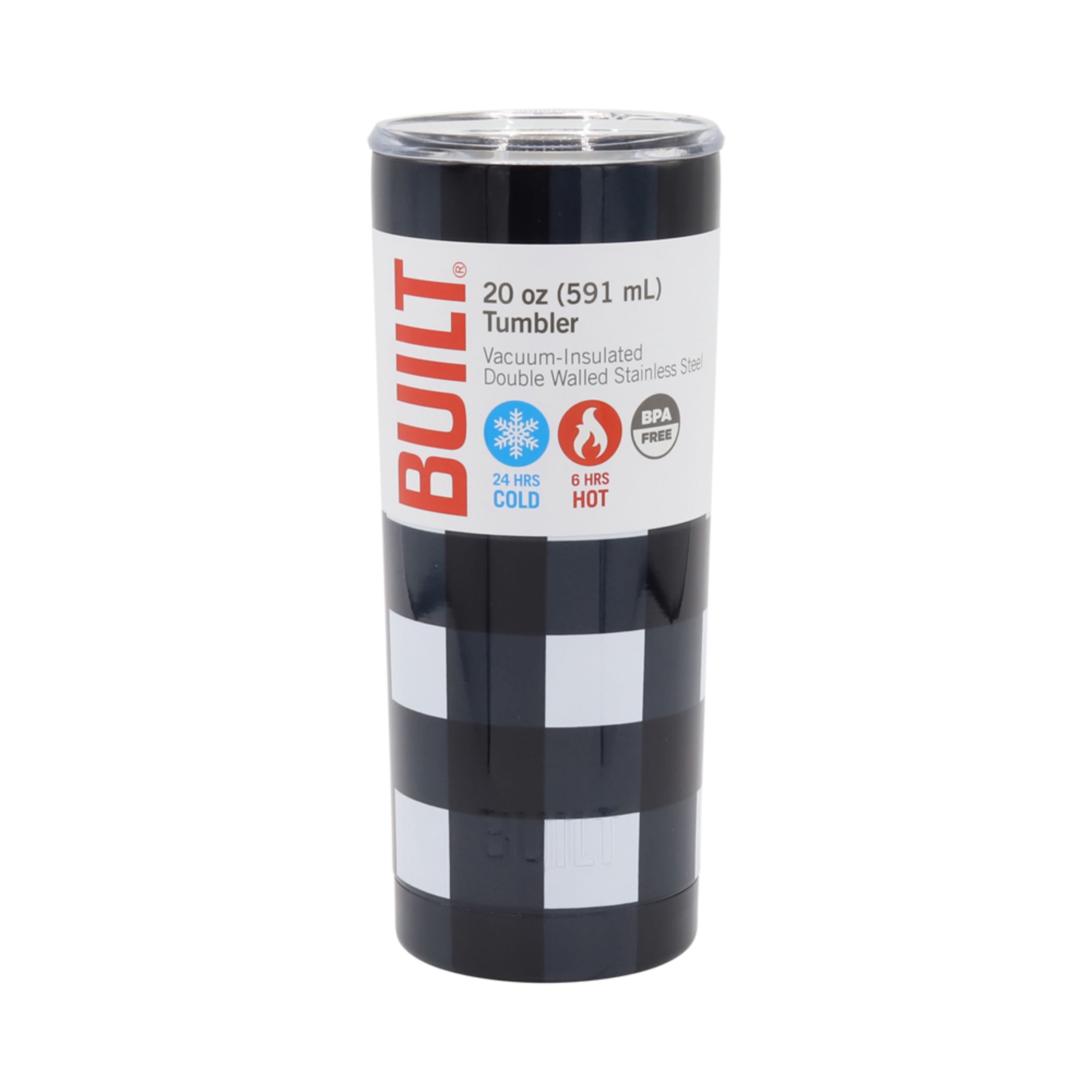 BUILT 20 oz Double-Wall Stainless Steel Tumbler Water Bottle, White and Black Buffalo Plaid