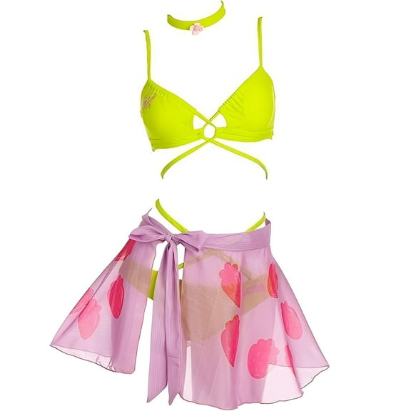 [Officially Licensed] Winx Club Flora Swimsuit Two Piece Bikini Set for Women with Sarong and Choker, S