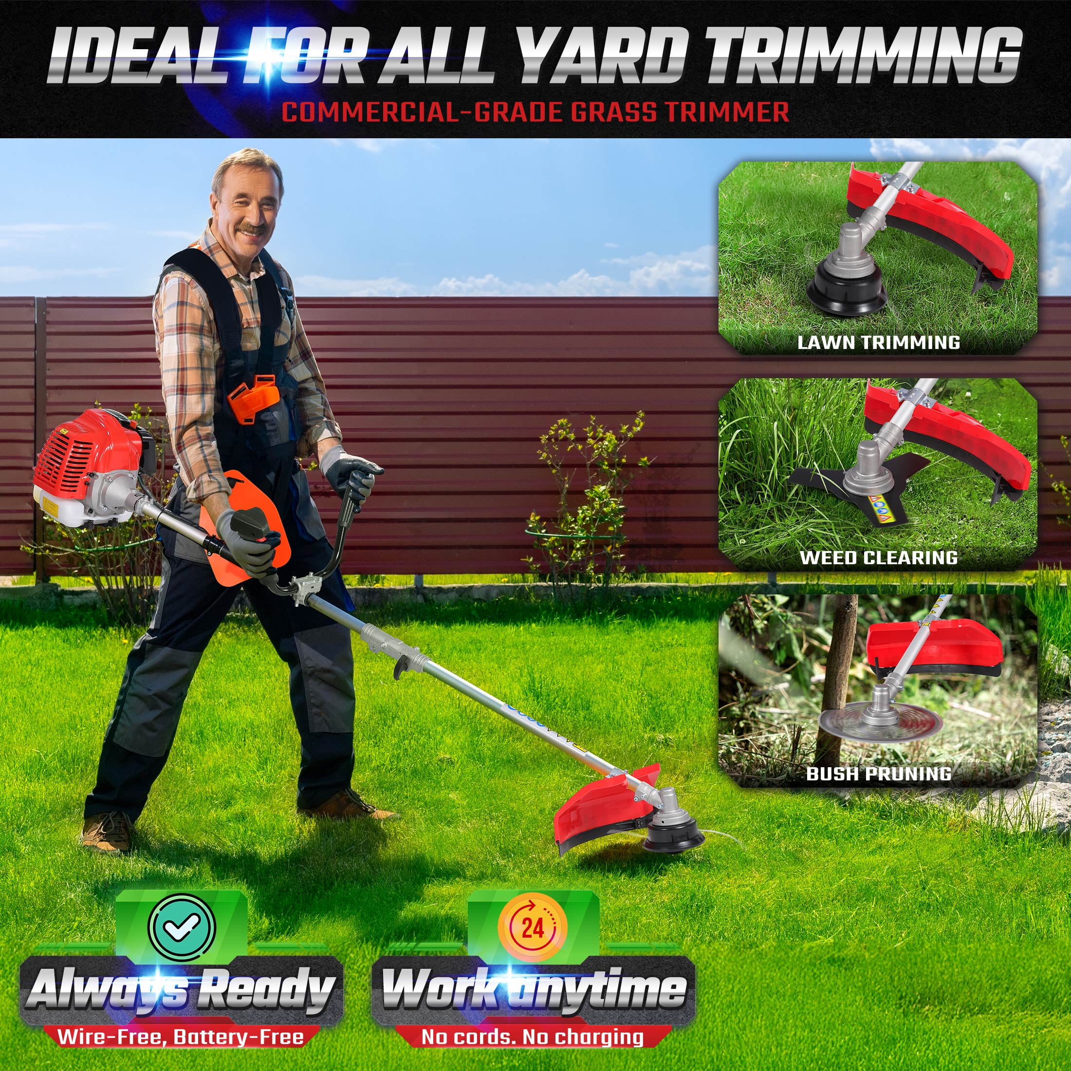 52cc 2-Cycle Weed Wacker Gas Powered, 3-in-1 Gas String Trimmer/Edger, 3T/40T
Brush Cutter 10", Powerful Gas Weed Trimmer for Lawn Care, 18" Cutting Path
Grass Trimmer with Shoulder Strap