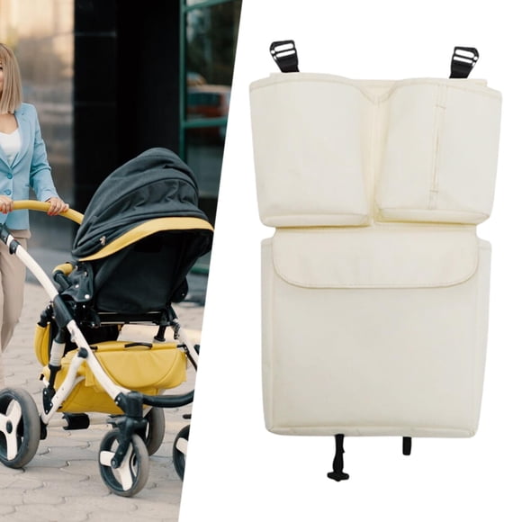 Bolsa colgante para cochecito, bolsa organizadora para cochecito con portavasos, bolsa de almacenamiento para biberón, juguetes de tela para bebé, cal beige