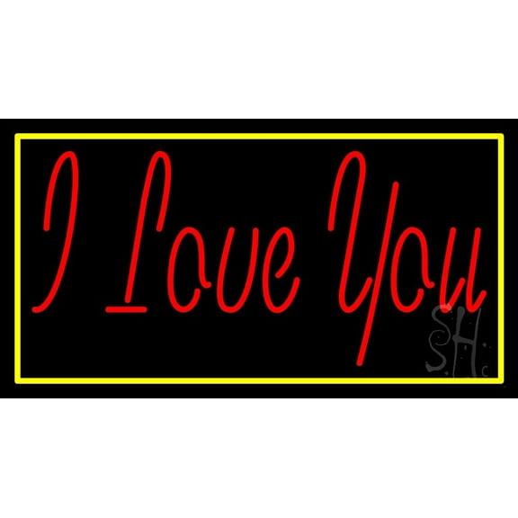 Red I Love You With Yellow Border LED Neon Sign 20 x 37 - inches, Black Square Cut Acrylic Backing, with Dimmer - Bright and Premium built indoor LED Neon Sign for Defence Force.