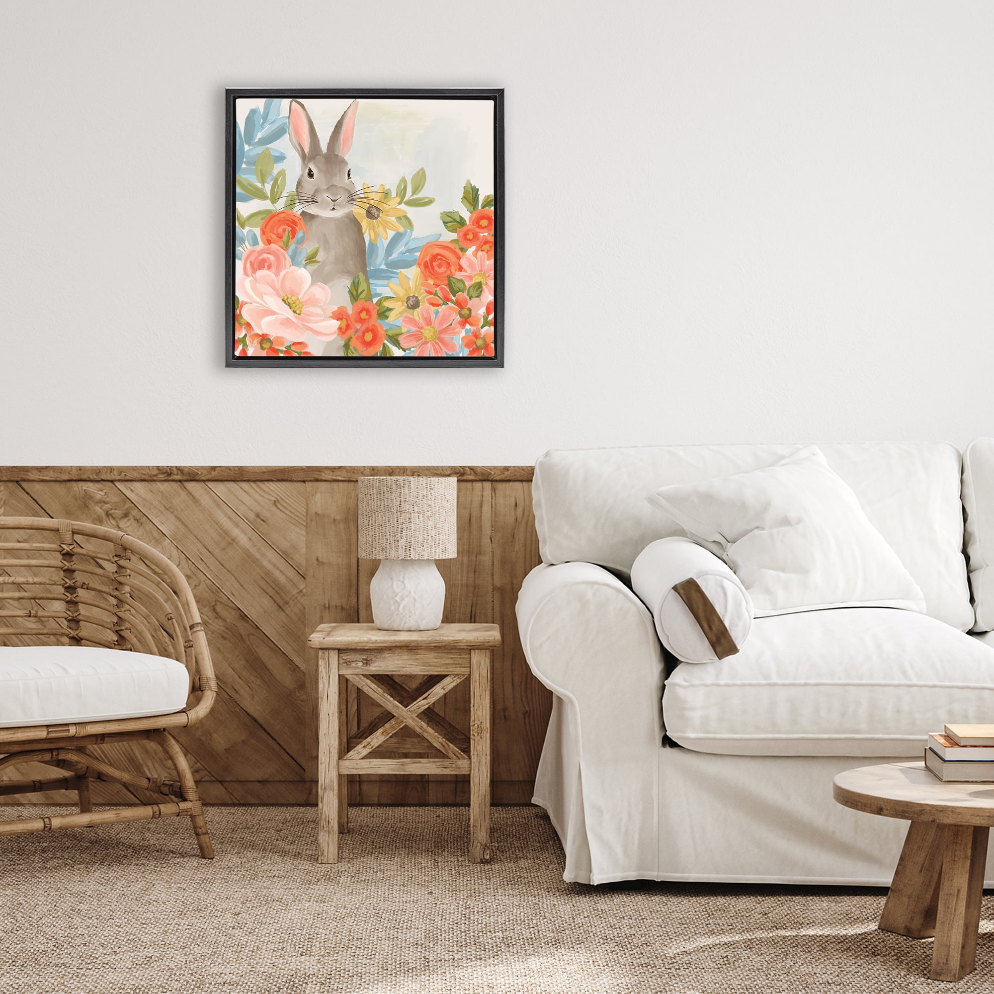 Stupell Industries Bunny Among The Blooms Black Framed Floater Canvas Wall Art, design by Cat Thurman Designs