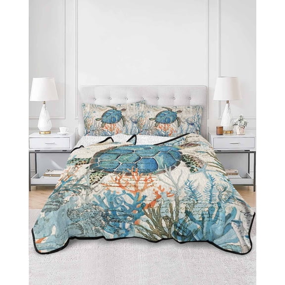 Quilts King Size, Ocean Turtle Soft Comforter Bedding Set for Bed, Coastal Nautical Coral Starfish Blue Lightweight Quilted Bedspread with Pillow Cover(2 Pieces) for All Season, 96x106 Inch