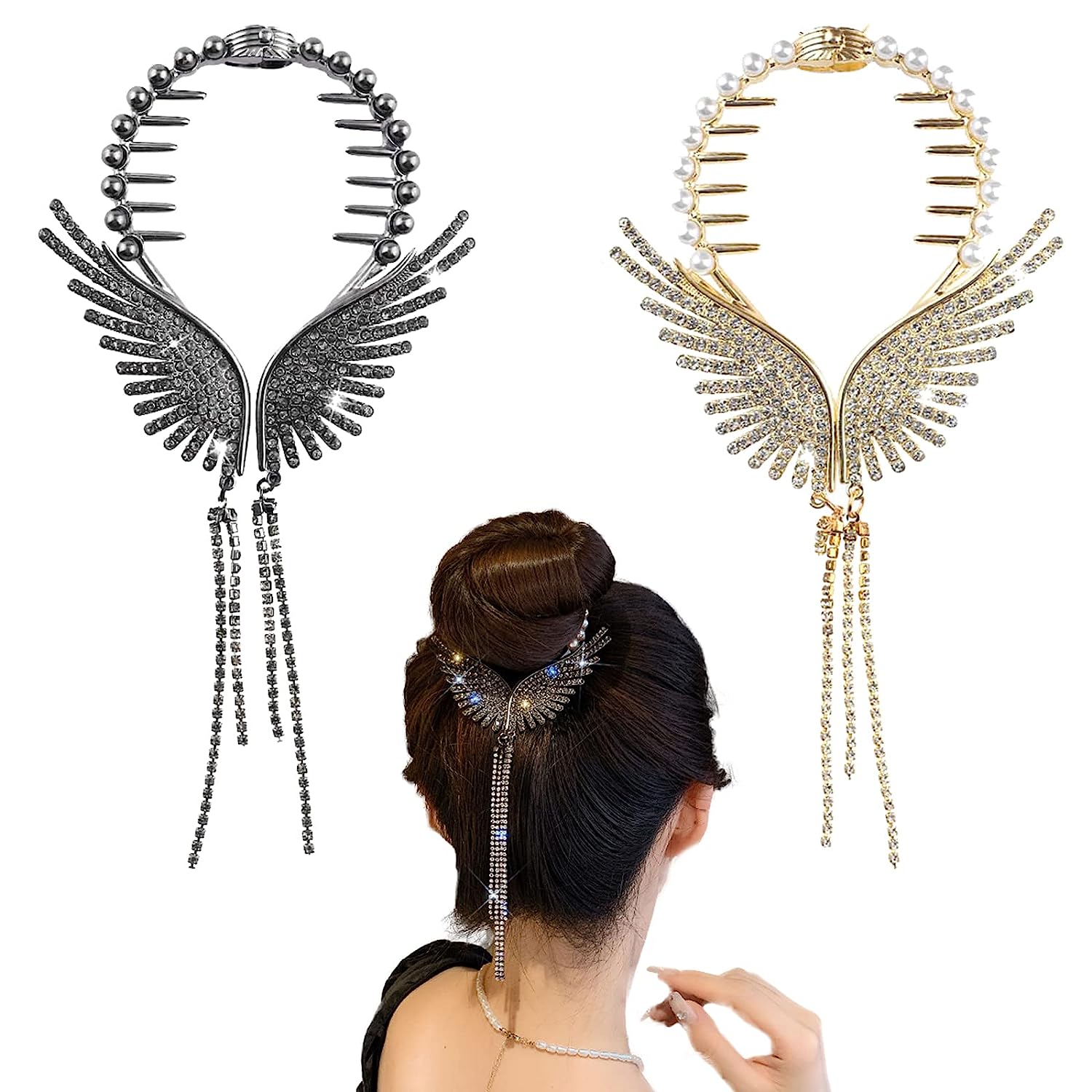 2 Pack Rhinestone Hair Claw Clips, Angel Wings Hair Clips, Gold Tassel