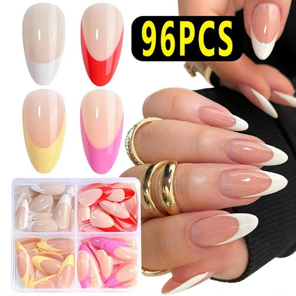 96PCS Medium Almond Press on Nails Kit, Colorful French Tip Fake Nails with Glue, Reusable Glossy False Nails Set for Women Girls Daily & Party Nail Decor