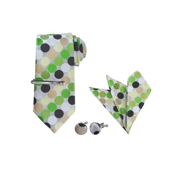 INSPIRE CHIC Corbata de lunares para hombres, juego de clip de corbata, gemelos, pañuelo de bolsillo, boda de negocios verde