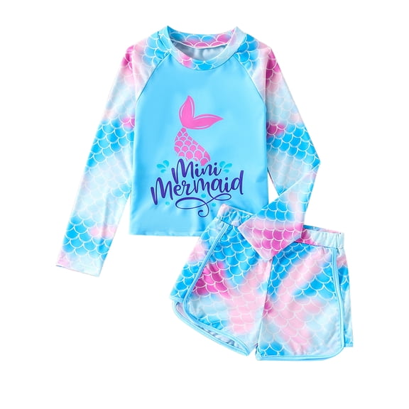 WIBACKER Girls Mermaid Rash Guard Swimsuit 2-Pieces Long Sleeve Bathing Suit Child Swimwear Sets 8-12 Years