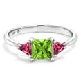 thumbnail image 2 of Gem Stone King 10K White Gold Green Peridot and Pink Tourmaline 3 Stone Engagement Ring for Women (1.05 Cttw, Gemstone August Birthstone, Princess Center 5MM, Trillion 3.5MM, Size 6.5), 2 of 5