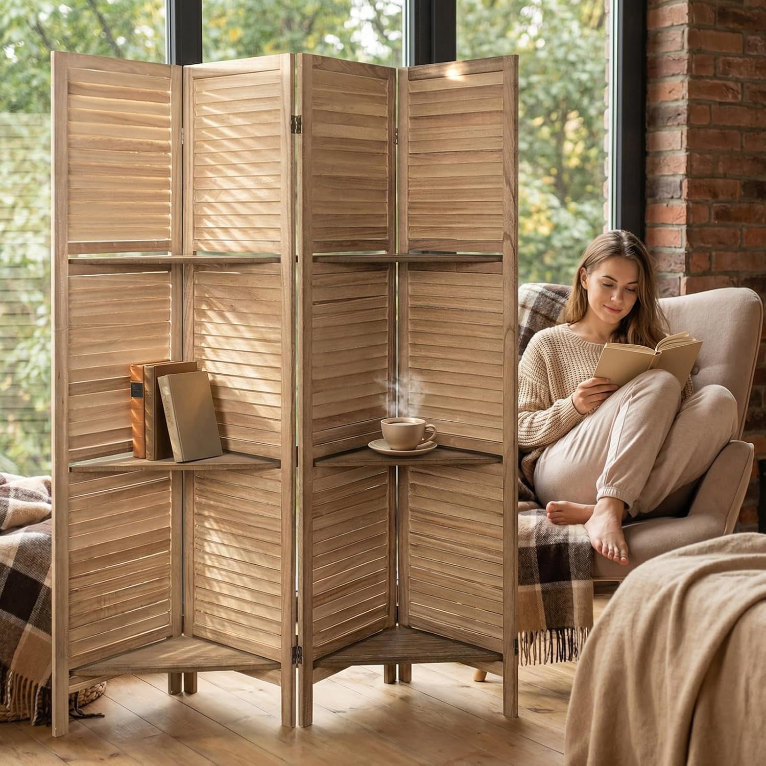 4 Panel Bamboo Room Divider with Shelves, Lightweight Privacy Screen for Bedroom Home Office, No Assembly Required