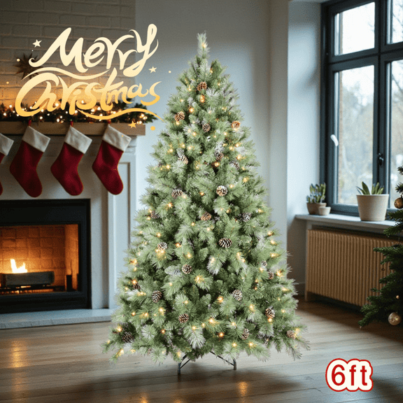 Tcbosik 6ft Pre-Lit Hinged Artificial Christmas Tree with 300 Warm White Lights and 66 Pine Cones, Indoor Xmas Decoration with 988 Branch Tips & Metal Stand, Green