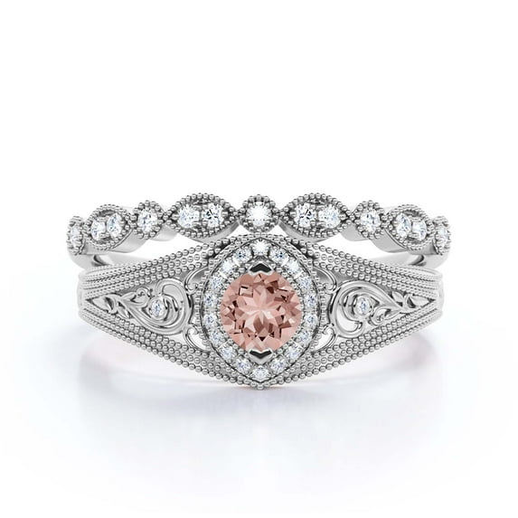 Decorative Ornament 1.75 Carat Round Cut Morganite And Diamond Moissanite Unique Engagement Ring, Wedding Ring in 925 Sterling Silver With 18k White Gold Plating Promise Ring, Bridal Rings Set