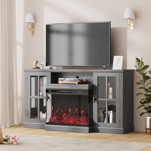 Furniwell Electric Fireplace TV Stand for TVs up to 65’’, Farmhouse Media Entertainment Center with 3-Sided Glass Fireplace, TV Console with Door Storage Cabinet for Living Room (Gray)