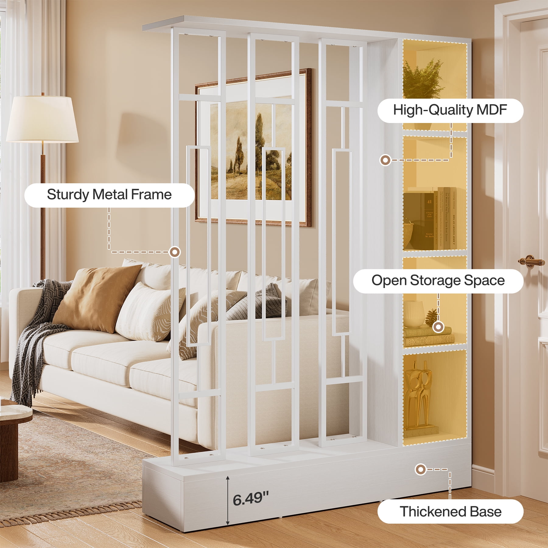 Finmind Wall Room Divider with Display Shelves, 70.9 inch Modern Freestanding Room Divider with Sturdy Base for Home & Office, White