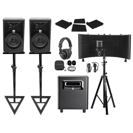 2 JBL 308P MkII 8 Studio Monitors+Stands+Subwoofer+Headphones+Mic+Vocal Shield