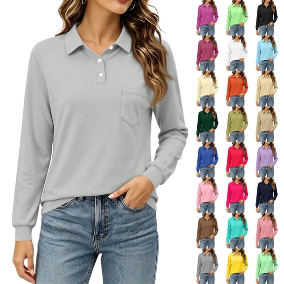 Hearthz Women Polo Shirt 3 Button Women's Long Sleeve Shirt Relaxed Fit Solid Color Women's Shirt Tennis Activewear Light Gray XL