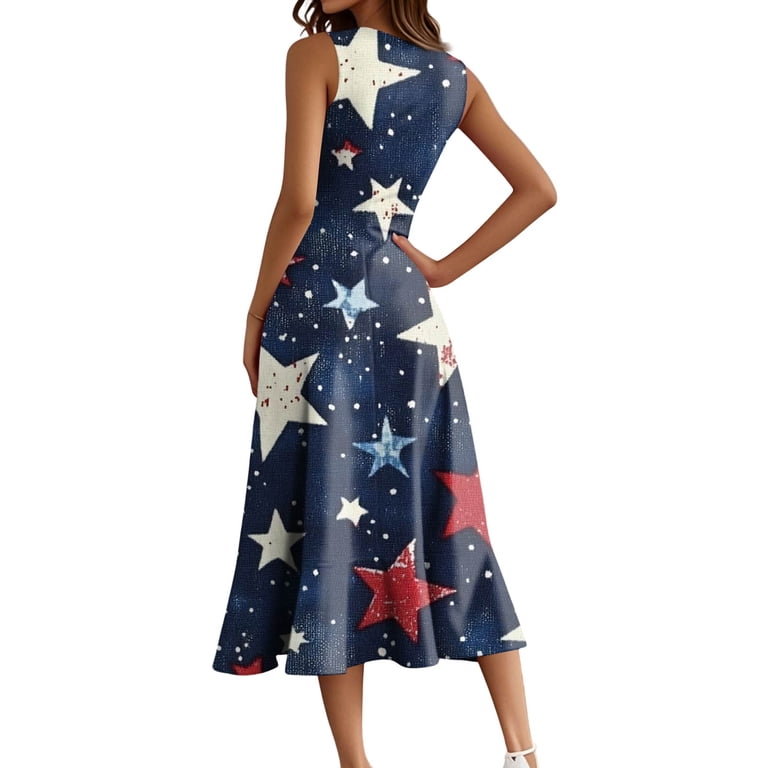 Elegant Sleeveless Ruffle Dress Round Neck Zip Front Patriotic Print Formal Cocktail Dress with A-Line Silhouette for Evening Events,Dark Blue XL