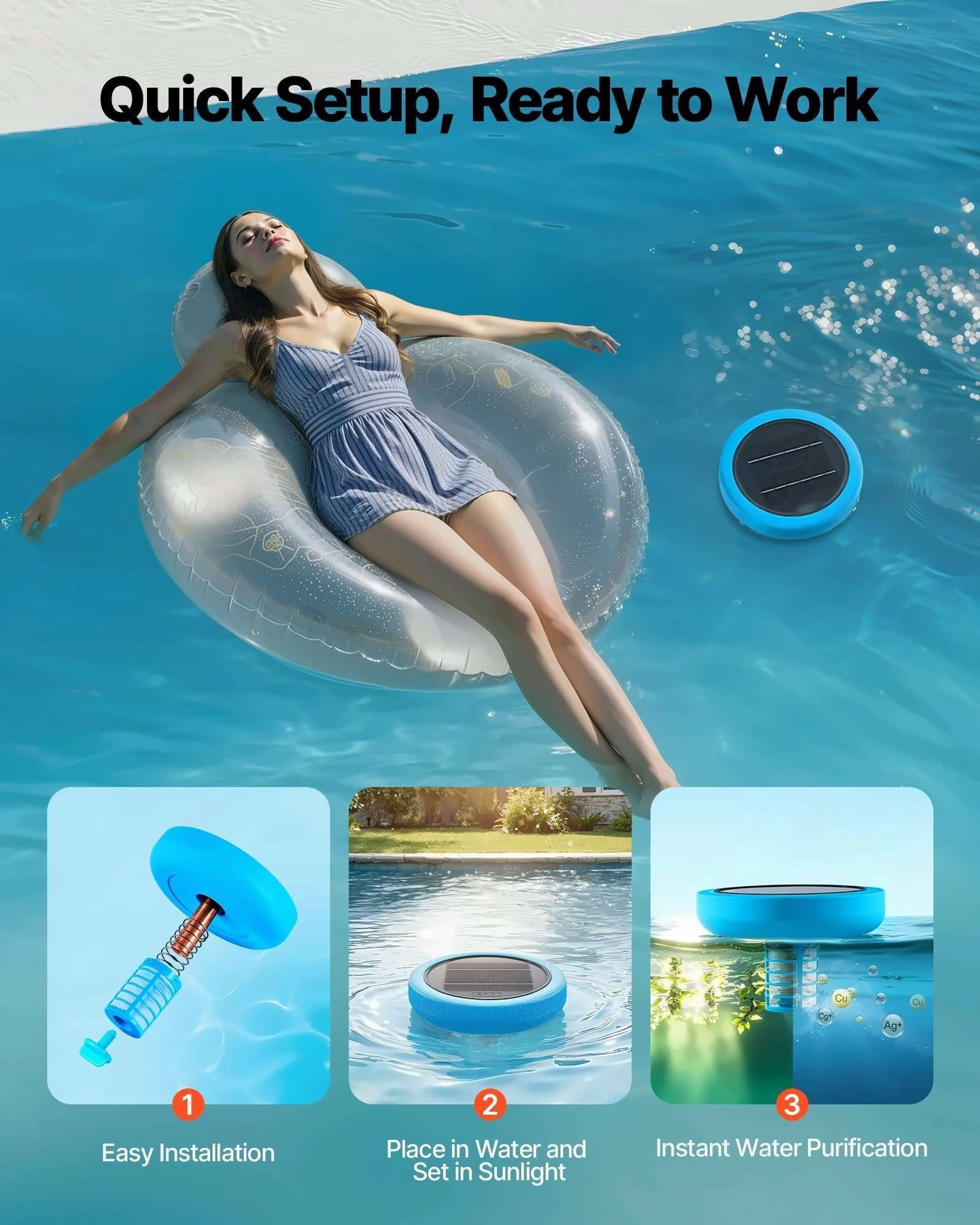 Solar Pool Ionizer, 35000 Gal, Floating Water Purifier, Chlorine Free, Copper Anode, Pool Cleaner for Spas & Swimming Pools