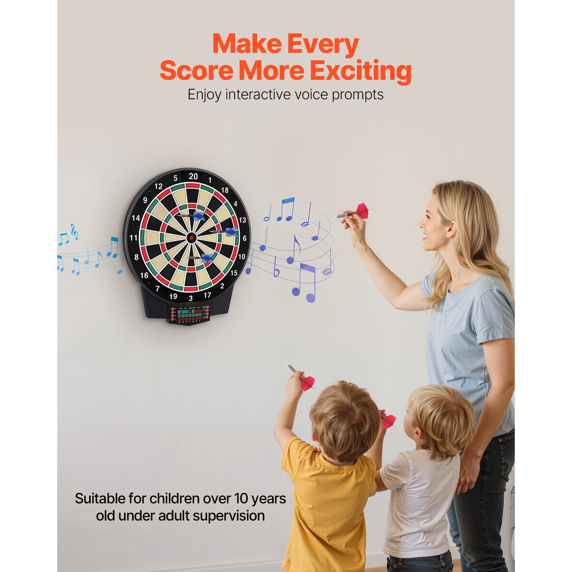 KFFKFF Electronic Dart Board with 15.5" Target Area, Featuring 43 Games and Over 320 Variations for Up to 8 Players, Includes 6 Dart Shafts, Flights, and 50 Soft Tips
