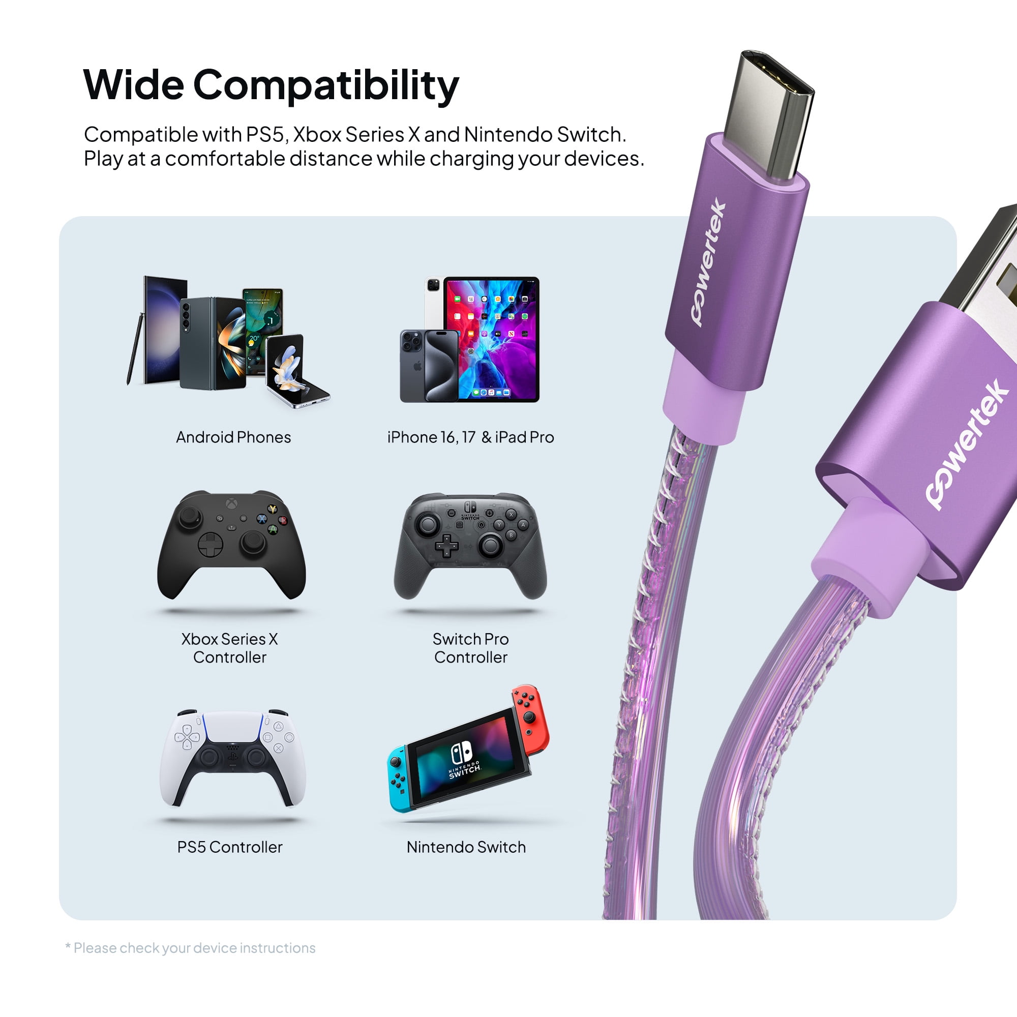 Powertek USB-A to USB-C (Type-C) Metallic Shine Pastel Charging Cable, 6 ft, Purple