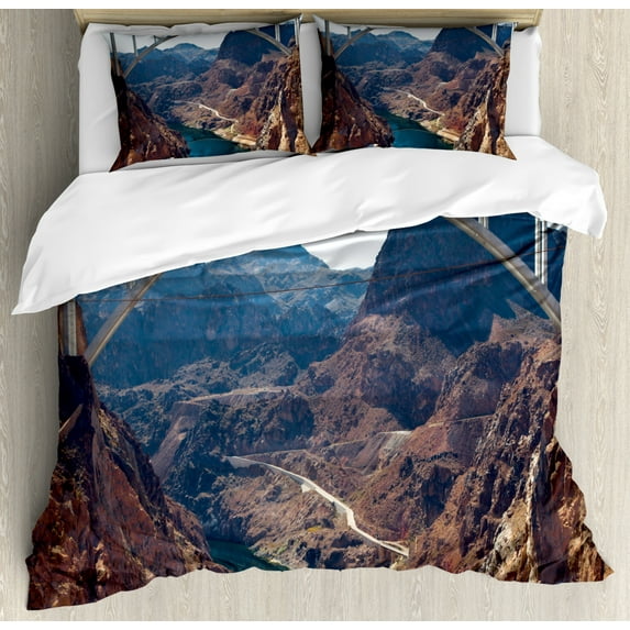 Nature Scene Duvet Cover Set Queen Size, Memorial Bridge Arc over Colorado River Americana Nature Panorama, Decorative 3 Piece Bedding Set with 2 Pillow Shams, Umber Dark Turquoise, by Ambesonne
