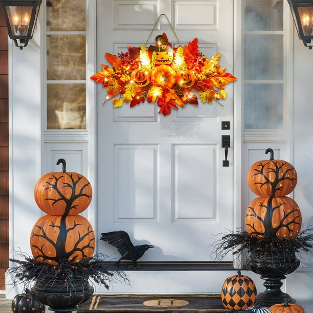 Corona de Halloween | Corona de otoño con calabaza y hojas | Adorno para puerta para festival de la cosecha | Decoración de mesa para Acción de Gracias en otoño