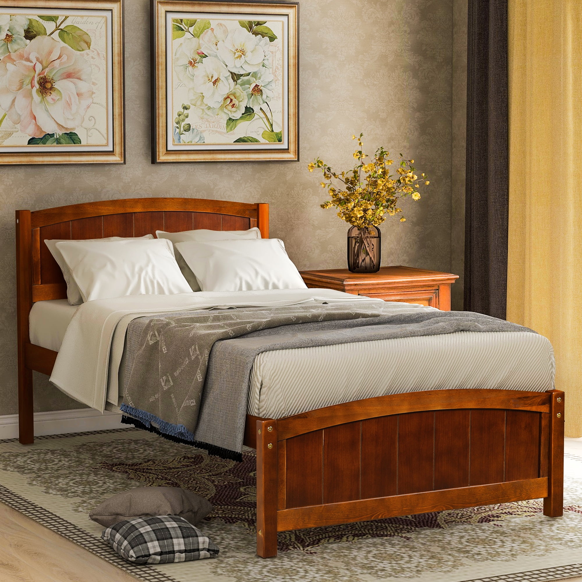Twin Bed Frame for Kids, Walnut Twin Platform Bed Frame with Headboard