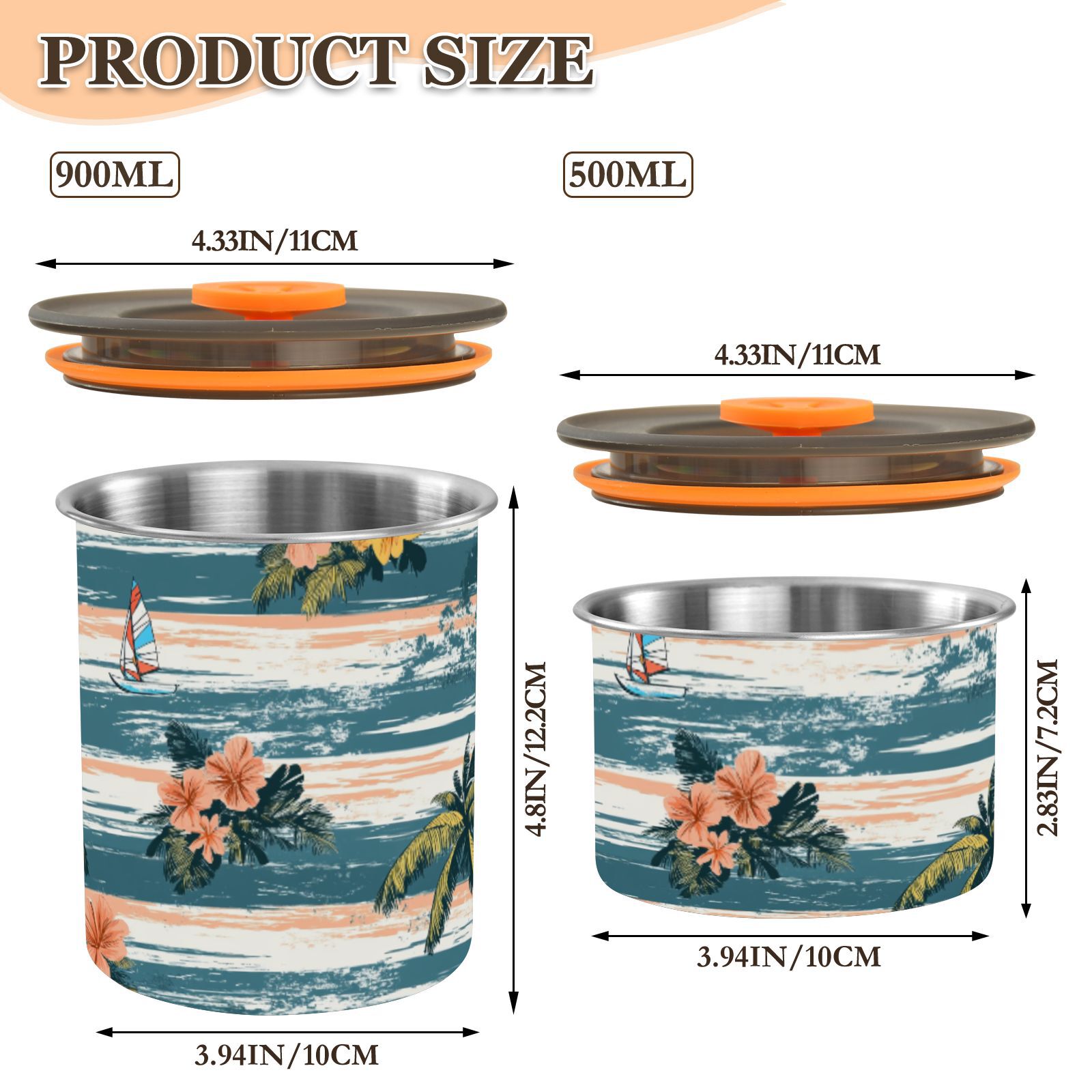 Sailboat Flower Stripes Airtight Coffee Bean Canister 30oz Food Storage Containers with Lids For Gournd, Tea, Sugar, Flour, Rice, Cereal, Candy Cookie Jar