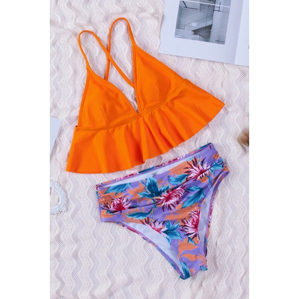 Orange floral swimsuit deals