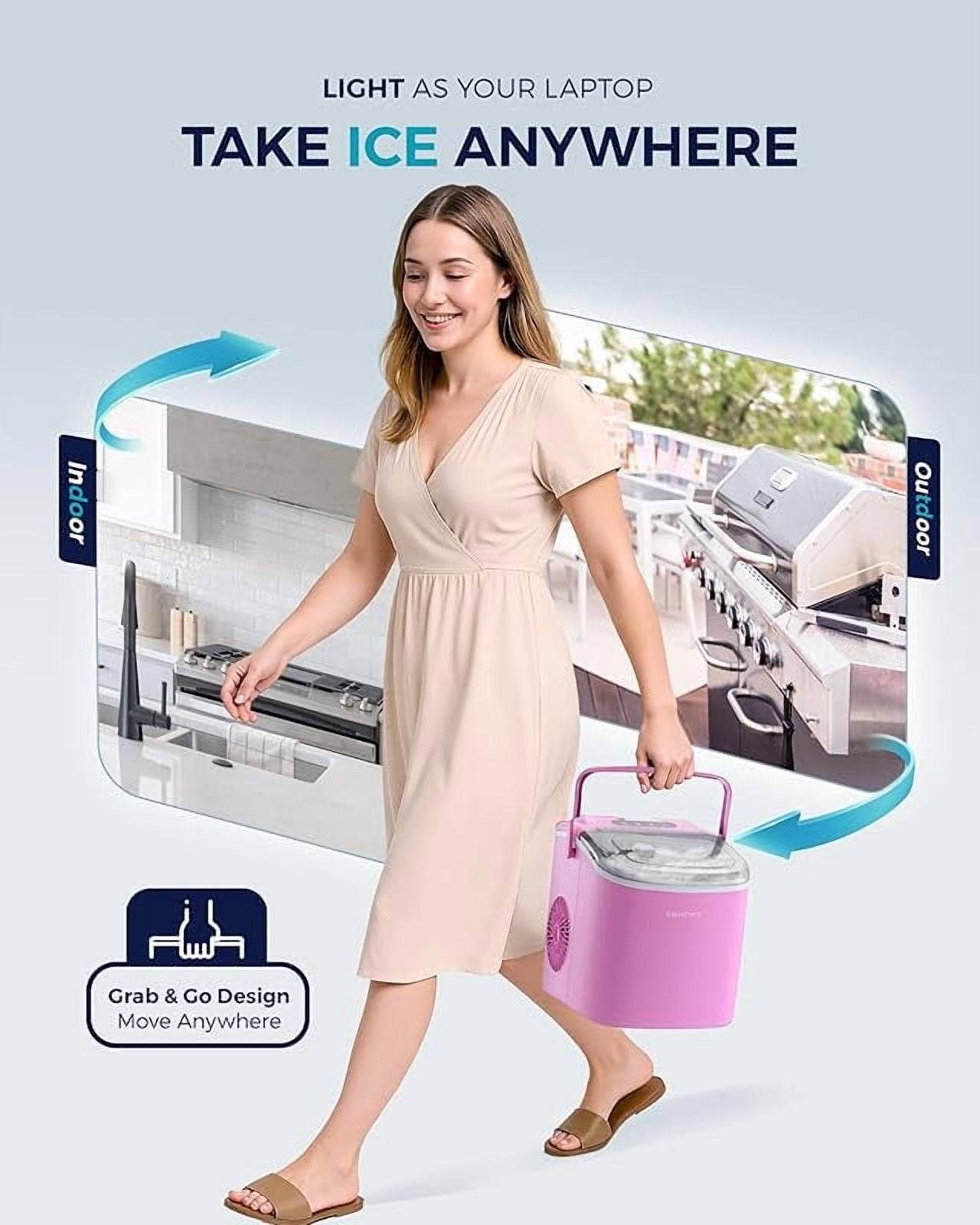 Countertop Ice Maker Machine with Handle, 26lbs in 24Hrs, 9 Ice Cubes Ready in 6 Mins, Auto-Cleaning Portable Ice Maker with Basket and Scoop, for Home/Kitchen/Camping/RV. (Pink)