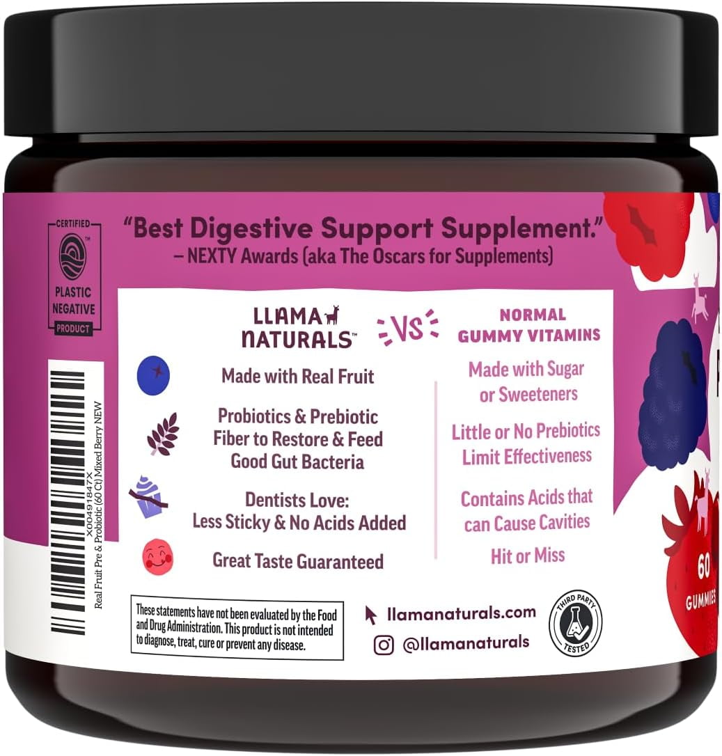 Llama Naturals Probiotics for Women and Men with Prebiotic Fiber, Vegan, Organic, Probiotic Gummies for Gut Health Support, Adults Real Fruit Gummy Vitamins, No Added Sugar Cane, Mixed Berry, 60 Ct