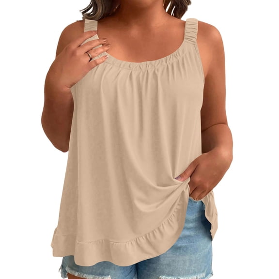 Amidoa Womens Plus Size Cotton Linen Tank Tops- Summer Casual Crewneck Ruffle Sleeveless Shirts Beige Size XL-5XL