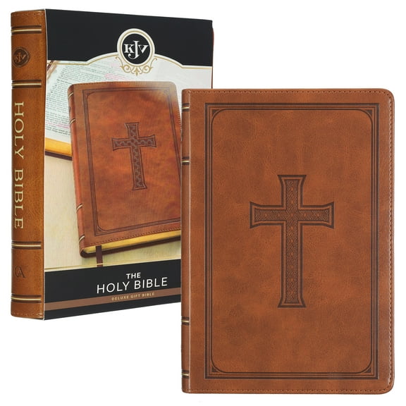 KJV Holy Bible, Standard Size Faux Leather Red Letter Edition Thumb Index, Ribbon Marker, King James Version, Honey Brown Cross Emblem