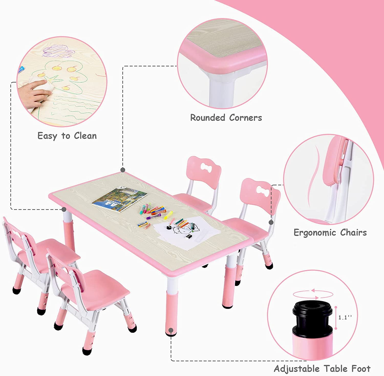 Arlopu Toddler Table & 4 Chairs Set, Height Adjustable Kids Multi Activity Table and Chairs for Drawing, Reading, Studying, Pink