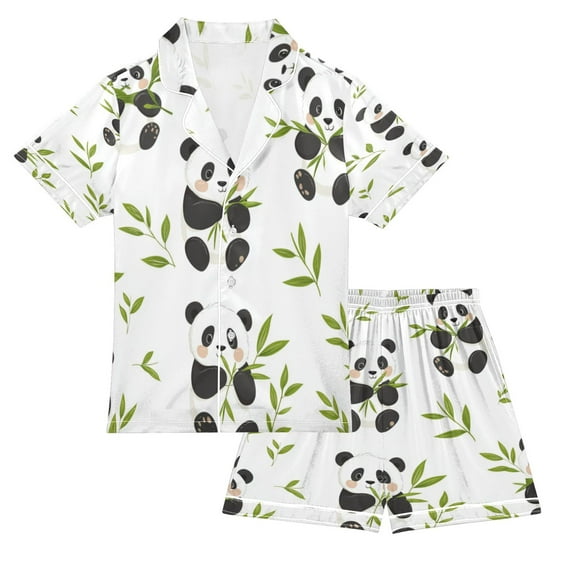 Silky Satin Kids' Pajama Set Breathable & Smooth Unisex Button-Down Pajamas Panda Eating Bamboo