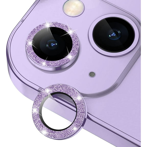 Camera Lens Protector for iPhone 14 / iPhone 14 Plus, Bling Glitter 9H Hardness Drop-proof Tempered Glass Camera Screen Cover Metal Individual Ring, Strong Adsorption, Case Friendly (Purple Glitter)