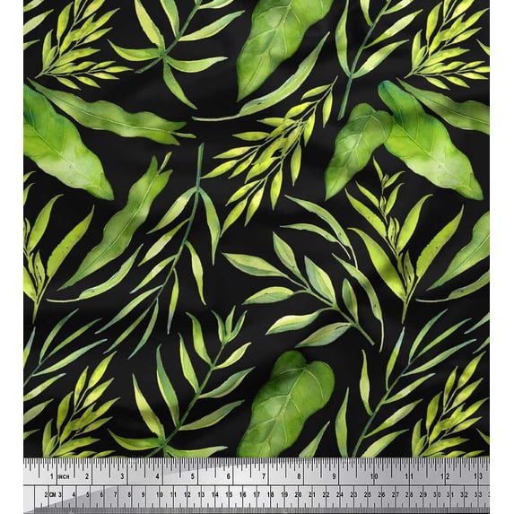 Soimoi Black Cotton Cambric Fabric Leaf Leaves Print Fabric by the Yard 42 Inch Wide