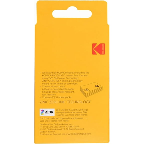 SHILIU-Kodak 2x3" Sticky-Backed ZINK Photo Paper (50 Sheets) - Compatible With Kodak Printomatic Instant Camera (NOT with Kodak Mini SHOT, Mini2)