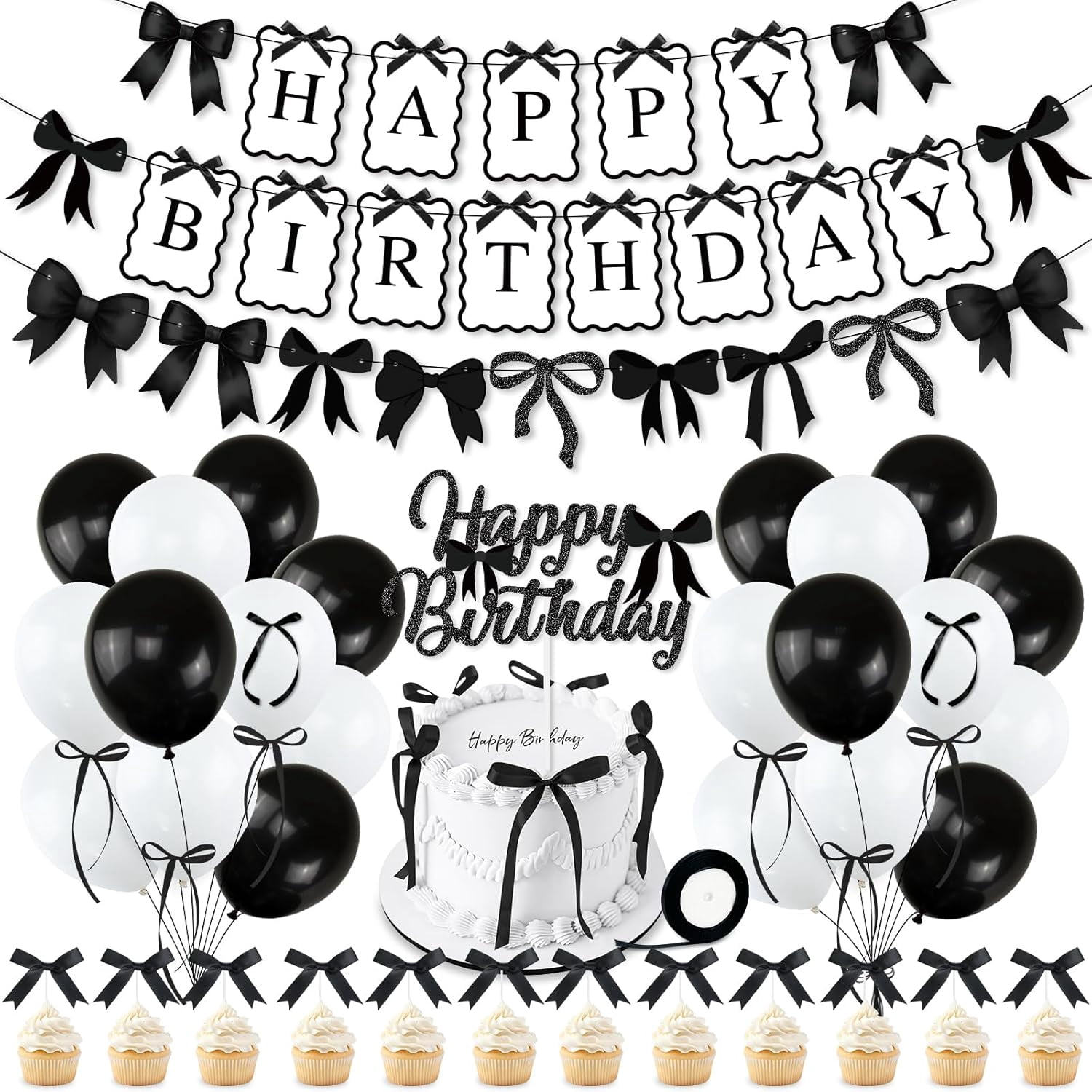 Black Bow Birthday Party Decorations, Bows Happy Birthday Banner Garland, Ribbon Bow Cake & Cupcake Toppers, Black White Balloons and Satin Ribbon for Women Girls Bows Party Decor