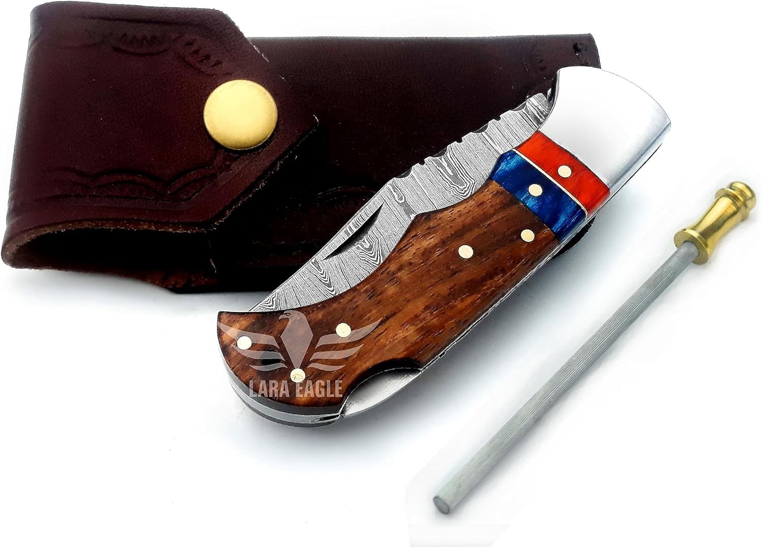 Personalised Damascus Pocket Knife for Men - 133 Layer Solid Steel Handmade Folding Hunting Knives with Sharpner and Leather Pouch - Best Knife for Camping Hunting Hiking
