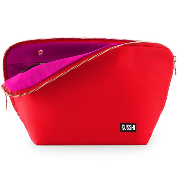 Bolsa de maquillaje KUSSHI lavable de viaje con organizador de brochas roja