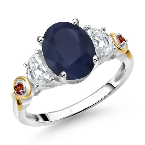 Gem Stone King 925 Silver and 10K Yellow Gold 3-Stone Ring Oval Blue Sapphire and Moissanite (2.73 Cttw, Size 9)