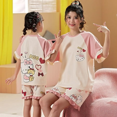 

Kawaii Sanrio Hello Kitty Summer Child Thin Pajamas Set Cartoon Cute Anime Parent-Child Wear My Melody Loose Fitting Loungewear